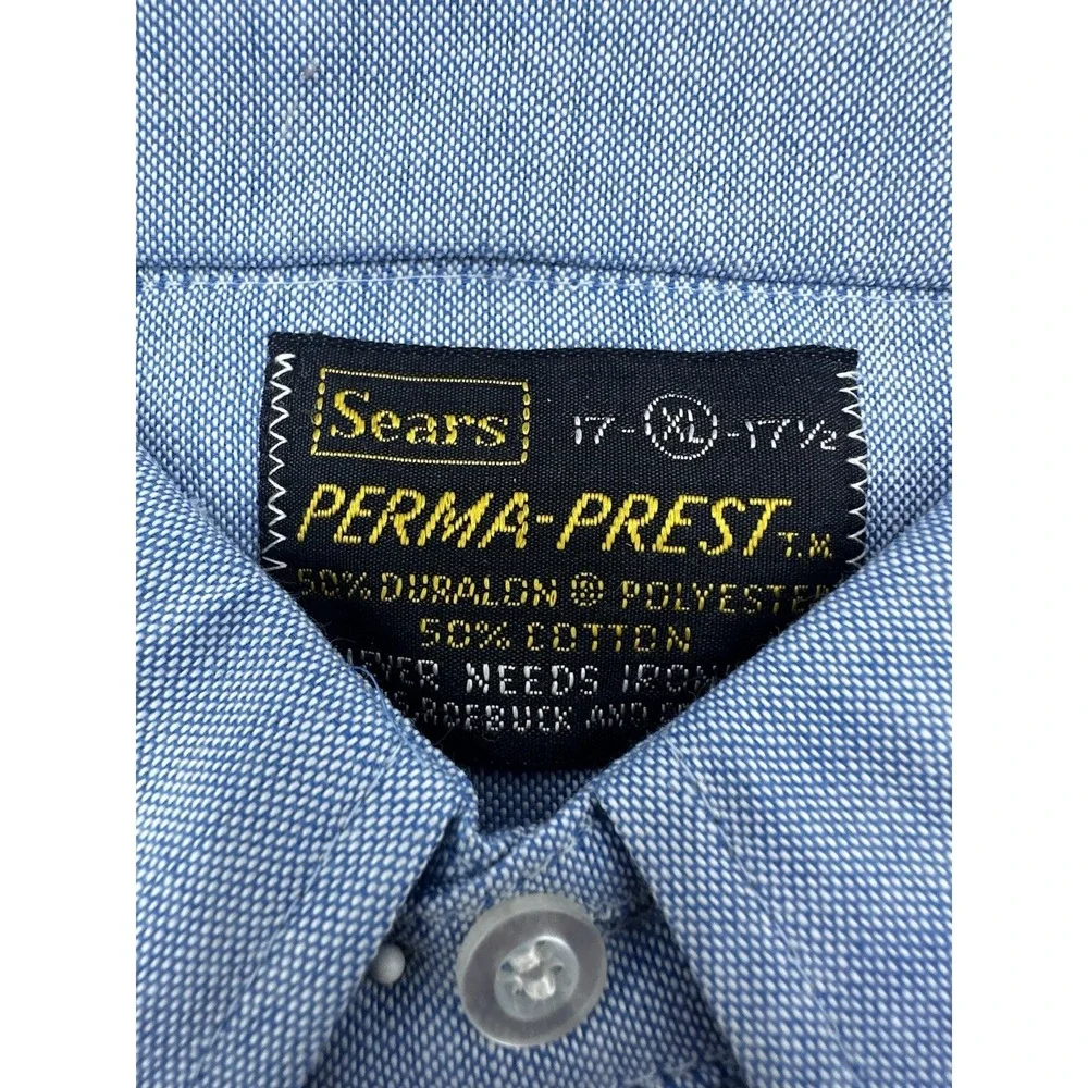 Vintage Sears Perma-Prest Oxford‎ Button Up Shirt Mens 17 XL Blue Deadstock NOS
